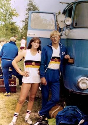 Birgit Fischer und ihr Bruder Frank Fischer (beide DDR) Kanu OS Sommer Damen Olympische Spiele 1980, Sommerspiele, Nationaltrikot Gruppe Moskau Kanu OS Sommer Damen Olympische Spiele 1980, Sommerspiele, Nationaltrikot Gruppe Moskau