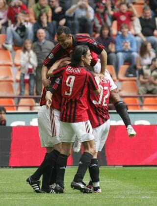 Torjubel AC Mailand, u.a. Cafu (obenauf) und Filippo Inzaghi (vorn) - Fußball Herren Serie A 2007 2008, 1. Italienische Liga, AC Mailand, Milan Gruppe Mailand Freude, Fußball Herren Serie A 2007 2008, 1. Italienische Liga, AC Mailand, Milan Gruppe Mailand Freude,