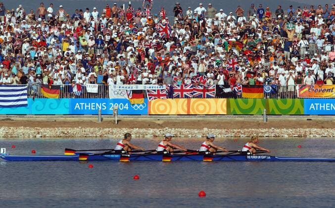 Doppelvierer Deutschland, v.re.: Kerstin El Qalqili, Manuela Lutze, Meike Evers, Kathrin Boron Rudern OS Sommer Damen Olympische Spiele 2004, Sommerspiele, Nationaltrikot, 4er 4 er Vierer Doppelvierer Totale Shinias Schinias Rudern OS Sommer Damen Olympische Spiele 2004, Sommerspiele, Nationaltrikot, 4er 4 er Vierer Doppelvierer Totale Shinias Schinias