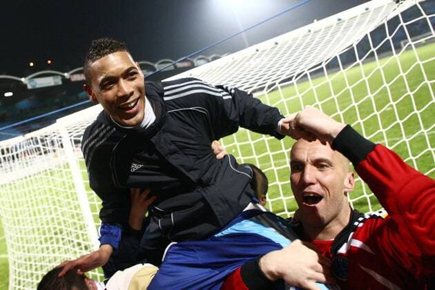 Guillaume Hoarau (li.) und Christophe Revault (beide Le Havre) feiern den Aufstieg -  (pan25527) Fußball Herren Ligue 2 2007 2008, 2. Französische Liga, AC Le Havre Gruppe Chateauroux Freude, Fußball Herren Ligue 2 2007 2008, 2. Französische Liga, AC Le Havre Gruppe Chateauroux Freude,