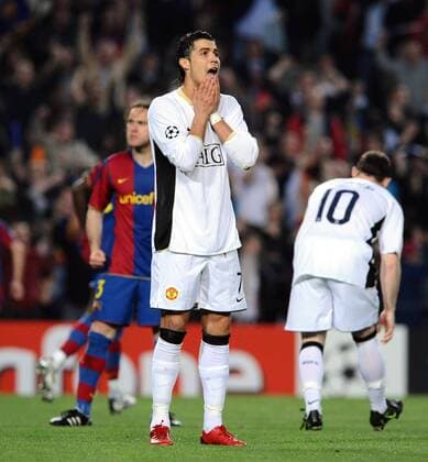 Cristiano Ronaldo (Manchester United) verzweifelt Fußball EC 1 Herren Champions League 2007 2008, FC Barcelona - Manchester United, ManU Gruppe Barcelona Enttäuschung, Verzweiflung, Fußball EC 1 Herren Champions League 2007 2008, FC Barcelona - Manchester United, ManU Gruppe Barcelona Enttäuschung, Verzweiflung,