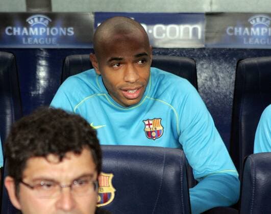 Thierry Henry (FC Barcelona) auf der Bank - EDITORIAL USE ONLY. No use with unauthorised audio, video, data, fixture lists, club league logos or live services. Online in-match use limited to 120 images, no video emulation. No use in betting, games or single club league player publications. Fußball EC 1 Herren Champions League 2007 2008, Barca Einzelbild Barcelona Fußball EC 1 Herren Champions League 2007 2008, Barca Einzelbild Barcelona