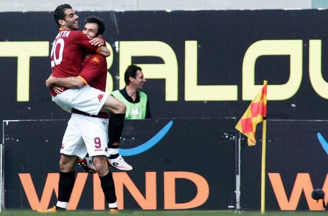 Mirko Vucinic (re.) und Simone Perrotta (beide AS Rom) - Torjubel - Fußball Herren Serie A 2007 2008, 1. Italienische Liga, AS Roma, Rom Gruppe Rom Freude, Begeisterung, Fußball Herren Serie A 2007 2008, 1. Italienische Liga, AS Roma, Rom Gruppe Rom Freude, Begeisterung,