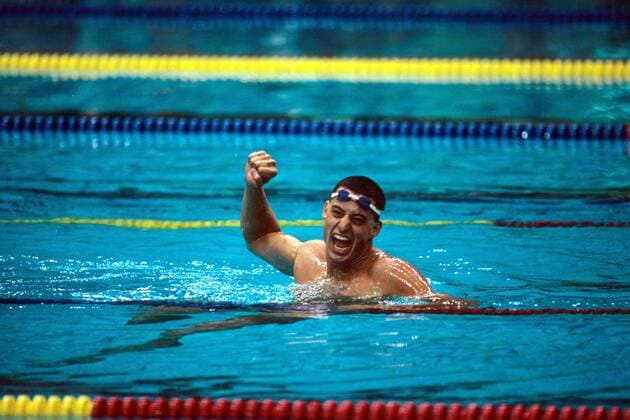 Matt Biondi (USA) jubelt über den Olympiasieg 1988 über die 100 Meter Freistil Schwimmen OS Sommer Herren Olympische Spiele 1988, Sommerspiele Einzelbild Seoul Begeisterung, Freude, Schwimmen OS Sommer Herren Olympische Spiele 1988, Sommerspiele Einzelbild Seoul Begeisterung, Freude,