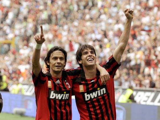 Filippo Inzaghi (li.) und Kaka (beide AC Mailand) - Torjubel -  Fußball Herren Serie A 2007 2008, 1. Italienische Liga, AC Mailand, Vdig Gruppe Mailand Freude, Fußball Herren Serie A 2007 2008, 1. Italienische Liga, AC Mailand, Vdig Gruppe Mailand Freude,