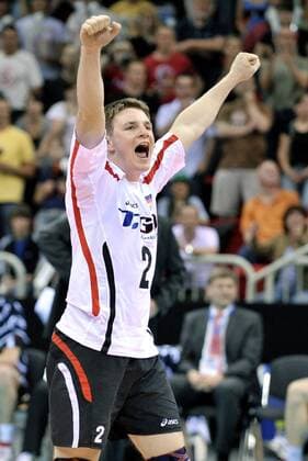 Markus Steuerwald (Deutschland) - Jubel Volleyball Länderspiel Herren Olympiaqualifikation 2008, Olympia, Qualifikation, Nationalmannschaft, Nationaltrikot Einzelbild Düsseldorf Freude, Begeisterung,