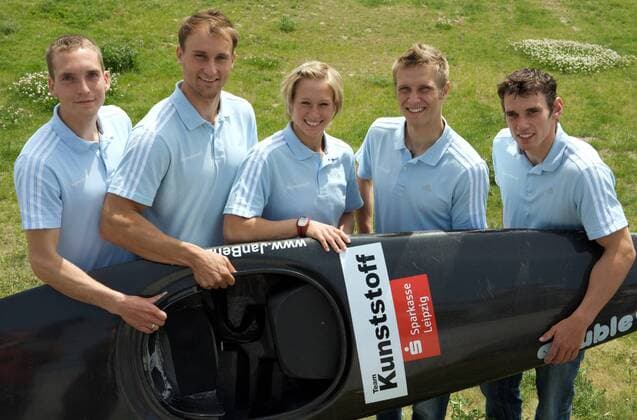 Vorstellung des deutschen Olympiakaders v.li.: Sebastian Piersig (Canadier Zweier), Alexander Grimm (Kajak Einer), Jennifer Bongardt (Kajak Einer), Felix Michel (Canadier Zweier), Jan Benzien (Canadier Einer alle Deutschland) Kanu OS Sommer Kanusport 2008, Olympische Sommerspiele Peking, Vorschau, Spiele, Gruppe Markkleeberg