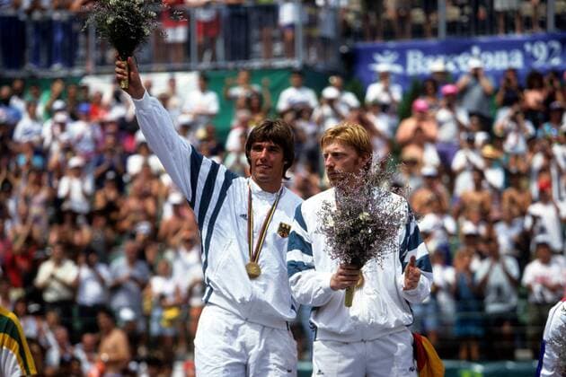 Boris Becker (re.) und Michael Stich (beide Deutschland), Doppel Olympiasieger 1992 Tennis OS Sommer Herren Olympische Spiele 1992, Sommerspiele, Finale Gruppe Barcelona
