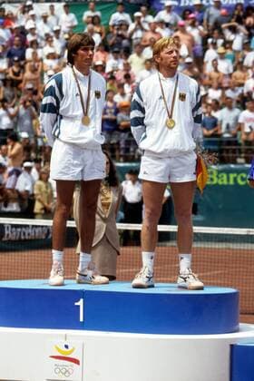 Boris Becker (re.) und Michael Stich (beide Deutschland), Doppel Olympiasieger 1992 Tennis OS Sommer Herren Olympische Spiele 1992, Sommerspiele, Finale Gruppe Barcelona