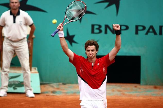 Ernests Gulbis (Lettland) jubelt -  (pan26214) Tennis Herren French Open 2008, Grand Slam, ATP Tour Einzelbild Roland Garros Paris Freude,