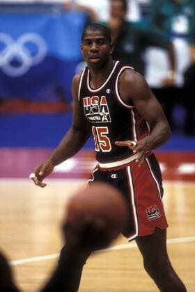 Earvin Magic Johnson (USA) Basketball OS Sommer Herren Olympische Spiele Barcelona 1992, Sommerspiele, Länderspiel, Nationalteam, Nationaltrikot Einzelbild Aufnahmedatum geschätzt Barcelona