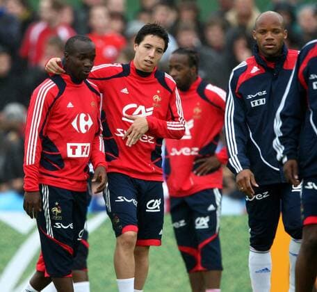 Training Frankreich, v.li.: Lassana Diarra, Samir Nasri und Jean Alain Boumsong -  Fußball EM Herren Vorschau EURO 2008, Nationalmannschaft, Training Gruppe Clairefontaine
