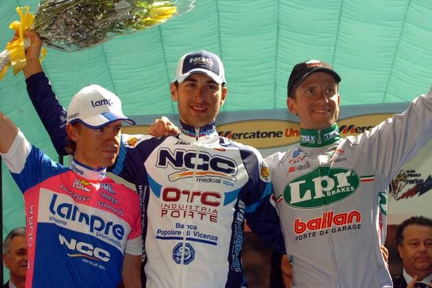Siegerehrung Memorial Marco Pantani 2008, v.li.: Damiano Cunego (Lampre), Enrico Rossi (beide Italien NGC Medical OTC Industria Porte) und Ruslan Podgorny (Ukraine LPR Brakes) -  Radsport Herren Memorial Marco Pantani 2008, Straßenradsport, Straße, Rad, Gedenkrennen, Gedenken, Erinnerung, Gruppe Cesenatico
