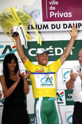 Thor Hushovd (Norwegen Credit Agricole) bleibt nach der 1. Etappe Gesamtführender des Criterium du Dauphine Libere -  Radsport Herren Criterium du Dauphine Libere 2008, Straßenradsport, Straße, Rad Gruppe o0 ProTour Etappe 1: Avignon - Privas Freude, Radsport Herren Criterium du Dauphine Libere 2008, Straßenradsport, Straße, Rad Gruppe o0 ProTour Etappe 1: Avignon - Privas Freude,