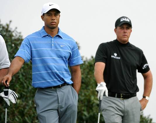 Tiger Woods (li.) und Phil Mickelson (beide USA) -  (SAN20080612316) Golf Herren US Open 2008, PGA Tour, premiumd Gruppe Torrey Pines San Diego Langeweile,