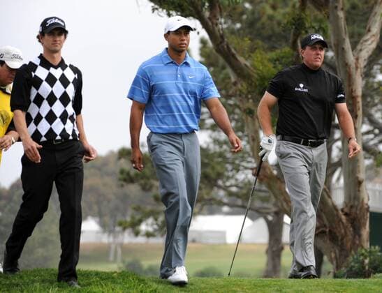 Adam Scott (Australien, li.) Tiger Woods (Mitte) und Phil Mickelson (beide USA)-  (SAN20080612333) Golf Herren US Open 2008, PGA Tour, premiumd Gruppe Torrey Pines San Diego