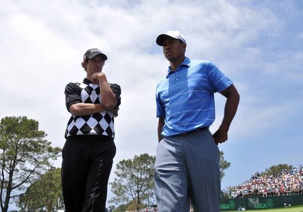 Tiger Woods (USA, re.) im Gespräch mit Adam Scott (Australien) - (Icon00727420) Golf Herren US Open 2008, PGA Tour, premiumd Gruppe Torrey Pines San Diego EDITORIAL USE ONLY