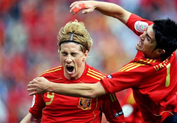 Fernando Torres (li.) und David Villa (beide Spanien) - Torjubel - Fußball EM Herren Euro 2008, Länderspiel, Nationalteam, Nationaltrikot Gruppe Innsbruck Freude, Begeisterung,