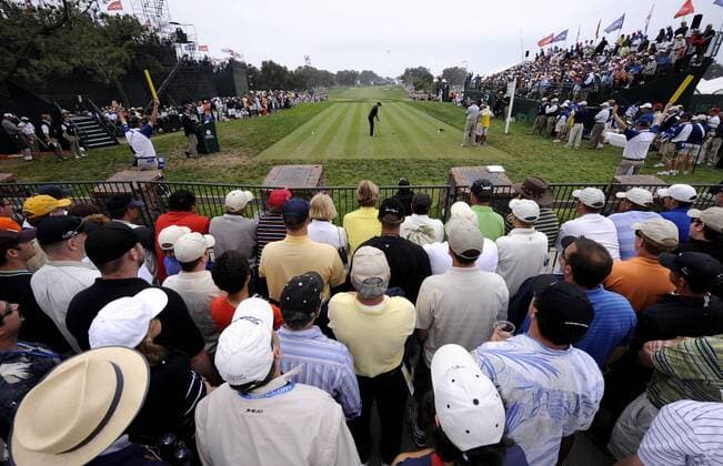 Abschlag von Luke Donald (England) aus der Zuschauerperspektive des Torrey Pines Golf Course -  (SAN20080614302) Golf Herren US Open 2008, PGA Tour Totale Torrey Pines San Diego