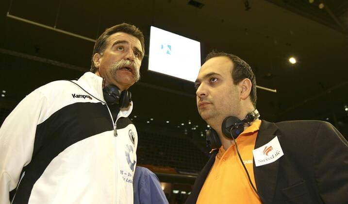 Nationaltrainer Heiner Brand (Deutschland, li.) und Manager Bob Hanning (Füchse Berlin) Handball Herren Allstargame 2007 2008, All Star Game Allstar Allstars Stars, Gruppe Berlin Handball Herren Allstargame 2007 2008, All Star Game Allstar Allstars Stars, Gruppe Berlin