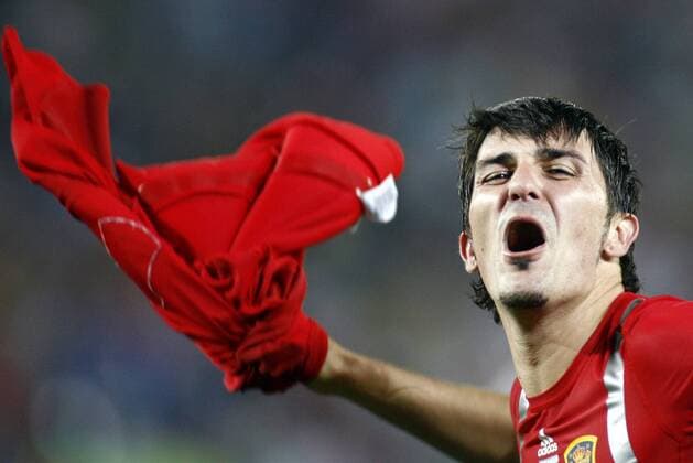 David Villa (Spanien) - Schlussjubel -  Fußball EM Herren Euro 2008, Länderspiel, Nationalmannschaft, Nationaltrikot Einzelbild o0 Viertelfinale Wien Freude, Begeisterung,