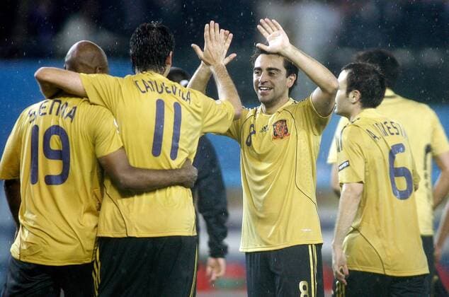 Xavi Hernandez (Spanien, Mitte) - Schlussjubel -  Fußball EM Herren EURO 2008, Länderspiel, Halbfinale, Nationalmannschaft, Nationaltrikot Gruppe Wien