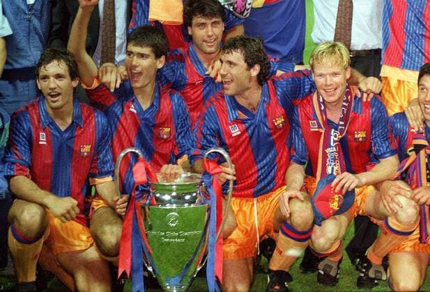 FC Barcelona, Europapokalsieger der Landesmeister 1992, v.li.: Andoni Goikoetxea, Josep Guardiola, Nando, Hristo Stoichkov und Ronald Koeman -  Fußball EC 1 Herren Europapokal der Landesmeister 1991 1992, Finale, Barca Gruppe London Freude,