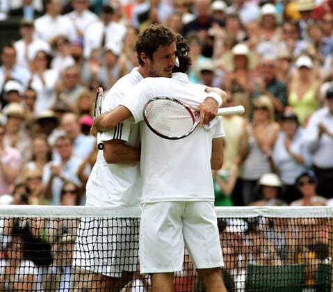 Marat Safin (Rußland, li.) und Roger Federer (Schweiz) -  Tennis Herren All England Championships 2008, Grand Slam, ATP Tour Gruppe Wimbledon London