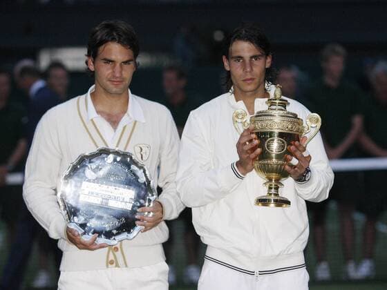 Rafael Nadal (Spanien, re.), Wimbledon Sieger 2008 und der Zweitplatzierte Roger Federer (Schweiz) Tennis Herren All England Championships 2008, Grand Slam, ATP Tour, Finale Gruppe Wimbledon London