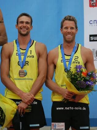David Klemperer (re.) und Eric Koreng (beide Deutschland) belegen den 3. Platz beim Grand Slam 2008 in Moskau -  Beachvolleyball Herren Swatch FIVB World Tour 2008, WorldTour, Beach, Grand Slam Gruppe Moskau Freude,