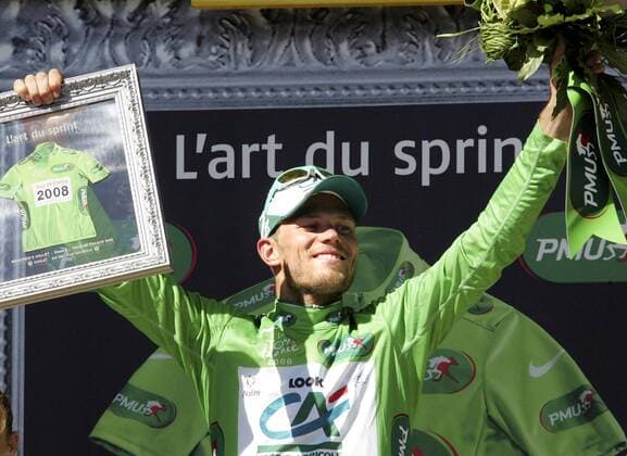 Thor Hushovd (Norwegen Credit Agricole) im grünen Trikot nach der 5. Etappe der Tour de France 2008 Radsport Herren Tour de France 2008, Straßenradsport, Straße, Rad Einzelbild 5. Etappe: Cholet - Chateauroux Freude,