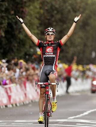 Luis Leon Sanchez (Spanien Caisse d Epargne) gewinnt die 7. Etappe der Tour de France 2008 von Brioude nach Aurillac Radsport Herren Tour de France 2008, Straßenradsport, Straße, Rad Einzelbild 7. Etappe: Brioude - Aurillac Freude,