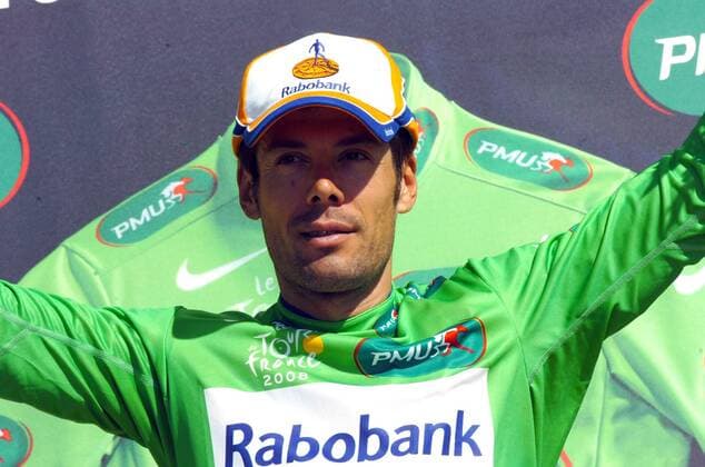 Oscar Freire Gomez (Spanien Rabobank) nach der 12. Etappe der Tour de France 2008 im grünen Trikot -  Radsport Herren Tour de France 2008, Straßenradsport, Straße, Rad, Vdig Einzelbild 12. Etappe: Lavelanet - Narbonne Freude,