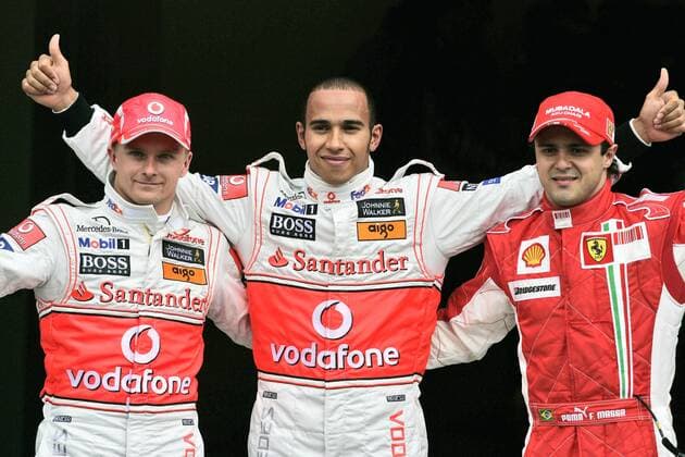 Lewis Hamilton (England McLaren Mercedes, Mitte) gewinnt das Qualifying auf dem Hockenheimring vor Felipe Massa (Brasilien Ferrari) und Heikki Kovalainen (Finnland McLaren Mercedes) Motorsport Grand Prix Herren Großer Preis von Deutschland 2008, Formel 1 Weltmeisterschaft, F1, F, GP, WM Gruppe Hockenheimring Hockenheim Freude,