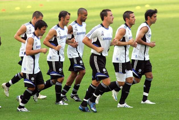 Lauftraining Chelsea, v.re.: Paulo Ferreira, Frank Lampard, John Terry, Jose Bosingwa, Ricardo Carvalho und Deco -  (CFP393773706) Fußball Herren English Premier League 2008 2009, 1. Englische Liga, Chelsea FC London, Trainingslager, Training Gruppe Guangdong