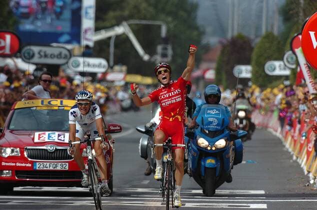 Sylvain Chavanel (Cofidis, re.) gewinnt die 19. Etappe der Tour de France 2008 vor Jeremy Roy (Francaise des Jeux beide Frankreich) -  Radsport Herren Tour de France 2008, Straßenradsport, Straße, Rad Gruppe 19: Etappe: Roanne - Montlucon Freude, Begeisterung,
