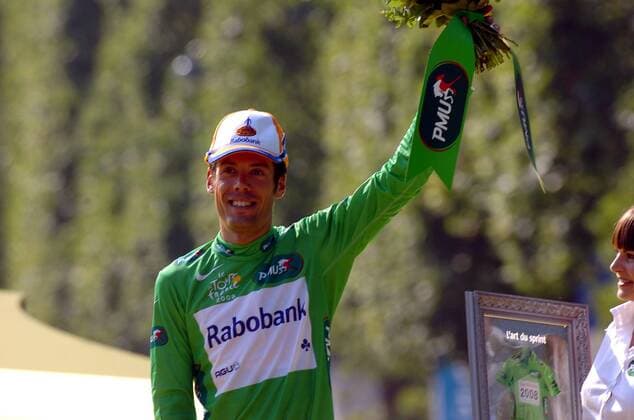 Oscar Freire (Spanien Rabobank), Gewinner des Grünen Trikots bei der Tour de France 2008 -  Radsport Herren Tour de France 2008, Straßenradsport, Straße, Rad, Siegerehrung Einzelbild Champs Elysees, Elysee 21. Etappe: Etampes - Paris Freude,