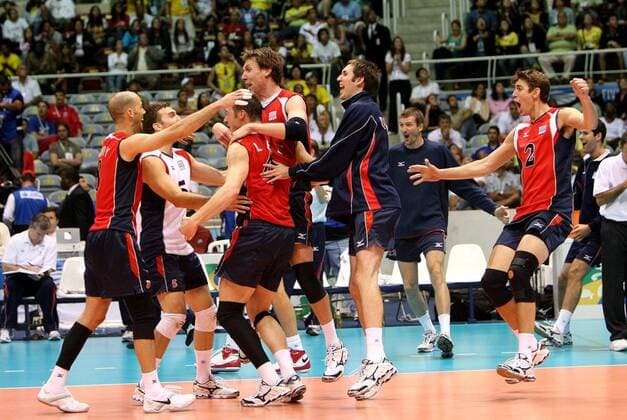 Team USA jubelt über den Sieg bei der FIVB World League 2008 -  Volleyball Länderspiel Herren FIVB World League 2008, Worldleague, Weltliga, Nationalteam, Finale Gruppe Rio de Janeiro Freude, Begeisterung,