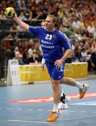 Eduard Koksharov (Rußland) Handball Länderspiel Herren Freundschaftsspiel 2008, Test, Testspiel, Nationalmannschaft, Nationaltrikot Rußland Einzelbild Köln Dynamik,