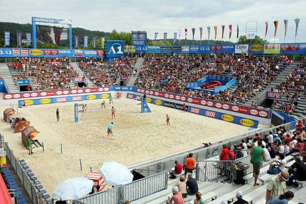 Aufmacher Beachvolleyball Grand Slam 2008 in Klagenfurt -  Beachvolleyball Damen Swatch FIVB World Tour 2008, Grand Slam, Beach Totale Center Court Klagenfurt