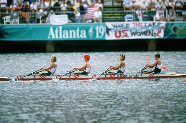 Doppelvierer Deutschland: Kathrin Boron, Jana Sorgers, Katrin Rutschow Stomporowski, Kerstin Köppen Rudern OS Sommer Damen Olympische Spiele 1996, Sommerspiele, Doppel Vierer, 4er, 4 er Gruppe Atlanta