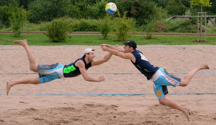 Stefan Schmeckenbecher (li.) und Raimund Wenning (beide Deutschland) Beachvolleyball Herren Fotoshooting 2008, Beach Gruppe Rottenburg Dynamik,