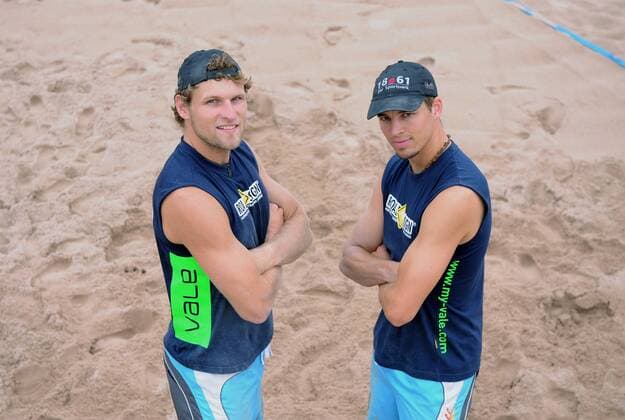 Raimund Wenning (re.) und Stefan Schmeckenbecher (beide Deutschland) Beachvolleyball Herren Fotoshooting 2008, Beach Gruppe Rottenburg