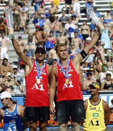 Igor Kolodinsky (li.) und Dmitri Barsouk (beide Rußland) - Sieger der FIVB Swatch Beach World Tour 2008 in Klagenfurt Beachvolleyball Herren FIVB Swatch Beach World Tour 2008, Grand Slam, Vdig Gruppe Klagenfurt Freude,