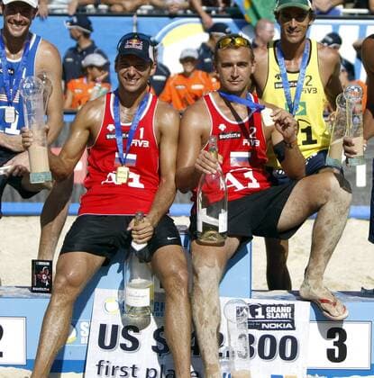 Igor Kolodinsky (li.) und Dmitri Barsouk (beide Rußland) - Sieger der FIVB Swatch Beach World Tour 2008 in Klagenfurt Beachvolleyball Herren FIVB Swatch Beach World Tour 2008, Grand Slam, Vdig Gruppe Klagenfurt Freude,