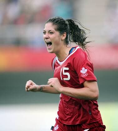 Kara Lang (Kanada) - Torjubel - Fußball OS Sommer Damen Olympische Spiele Peking 2008, Sommerspiele, Länderspiel, Frauen, Frauenfußball Einzelbild Tianjin Freude, Begeisterung,
