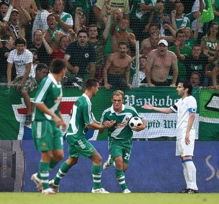 Erwin Hoffer (2.v.re.) und Stefan Maierhofer (beide Rapid Wien) - Torjubel -  Fußball EC 1 Herren Champions League Qualifikation 2008 2009, SK Rapid Wien - Anorthosis Famagusta 3:1 Gruppe Wien Freude,