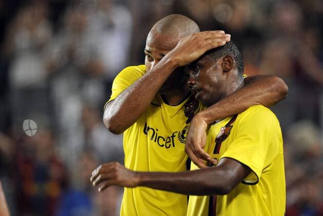 Thierry Henry (li.) und Samuel Etoo (beide FC Barcelona) - Torjubel -  (pan27346) Fußball EC 1 Herren Champions League Qualifikation 2008, Primera Division, 1. Spanische Liga, Barca Gruppe o0 2009 Barcelona Freude,