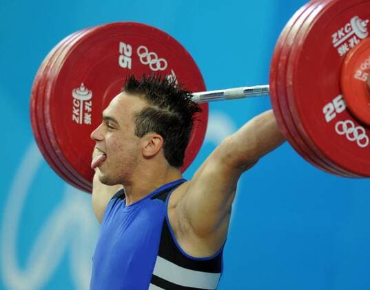 Ilya Ilin (Kasachstan) -  Gewichtheben OS Sommer Herren Olympische Spiele Peking 2008, Sommerspiele, Klasse bis 94kg Einzelbild o0 Nationaltrikot, Peking