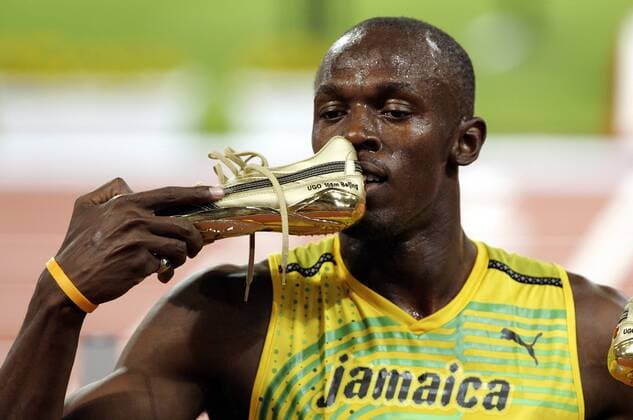 Usain Bolt (Jamaika) - Olympiasieger über 100m 2008 Leichtathletik OS Sommer Herren Olympische Spiele Peking 2008, Sommerspiele, 100m Einzelbild Nationaltrikot Peking
